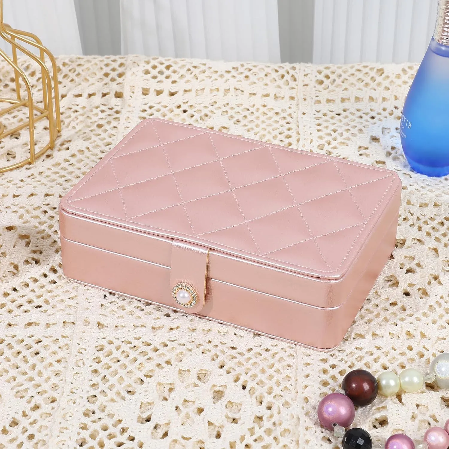 Portable Jewelry Box, 2 Layer Small Travel Jewelry Box for Women and Girls, Mini Leather Jewelry Organizer for Necklaces, Bracelet, Earrings and Rings Gift for Her (rose gold)