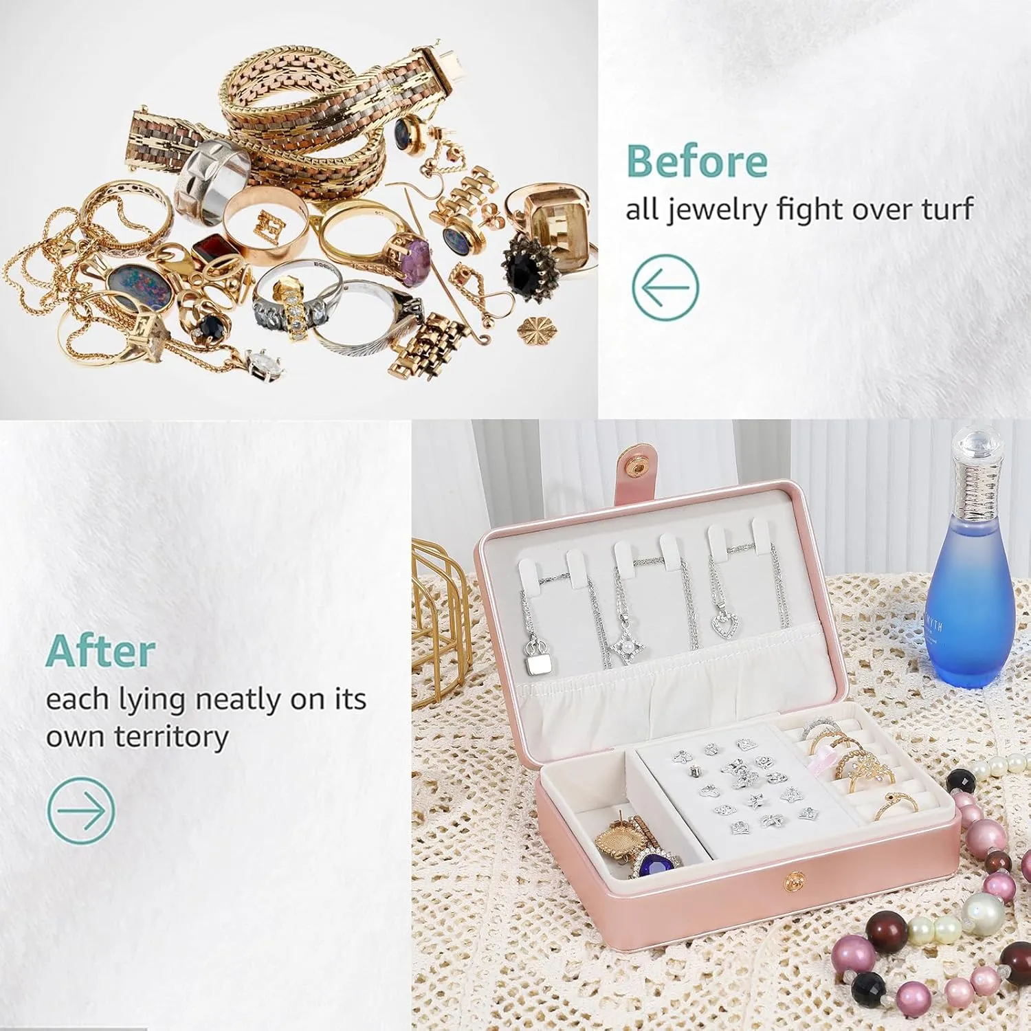 Portable Jewelry Box, 2 Layer Small Travel Jewelry Box for Women and Girls, Mini Leather Jewelry Organizer for Necklaces, Bracelet, Earrings and Rings Gift for Her (rose gold)