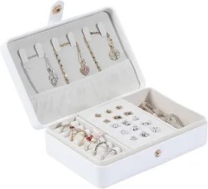 Portable Jewelry Box, 2 Layer Small Travel Jewelry Box for Women and Girls, Mini Leather Jewelry Organizer for Necklaces, Bracelet, Earrings and Rings Gift for Her (white)