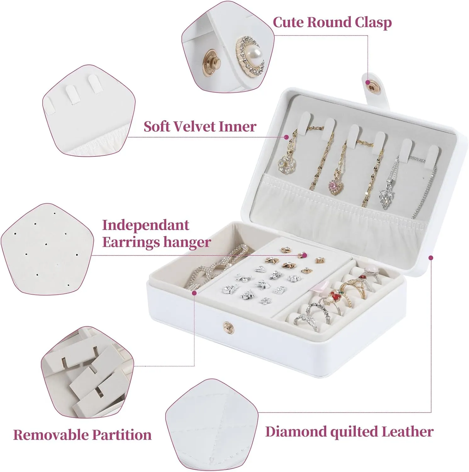 Portable Jewelry Box, 2 Layer Small Travel Jewelry Box for Women and Girls, Mini Leather Jewelry Organizer for Necklaces, Bracelet, Earrings and Rings Gift for Her (white)