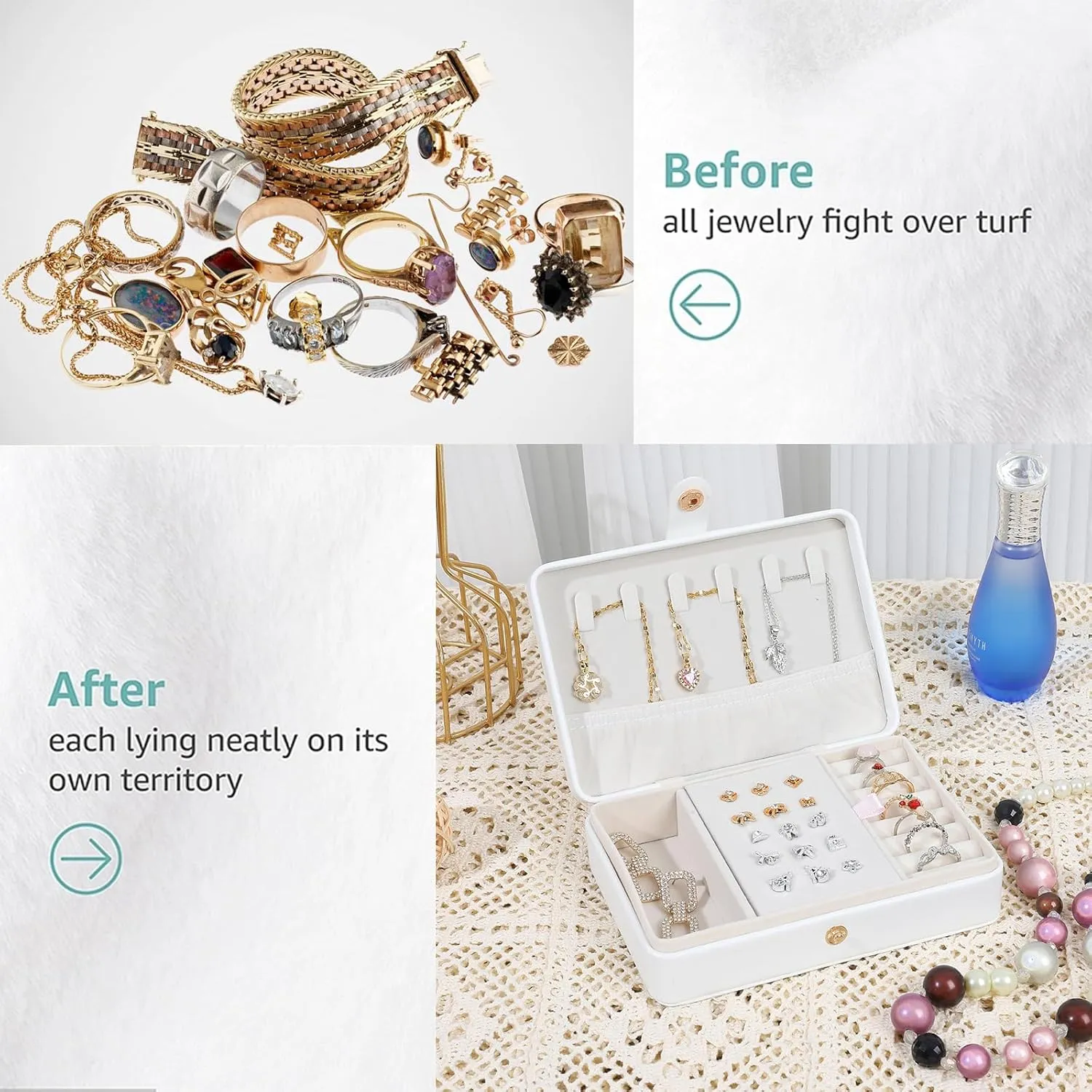Portable Jewelry Box, 2 Layer Small Travel Jewelry Box for Women and Girls, Mini Leather Jewelry Organizer for Necklaces, Bracelet, Earrings and Rings Gift for Her (white)