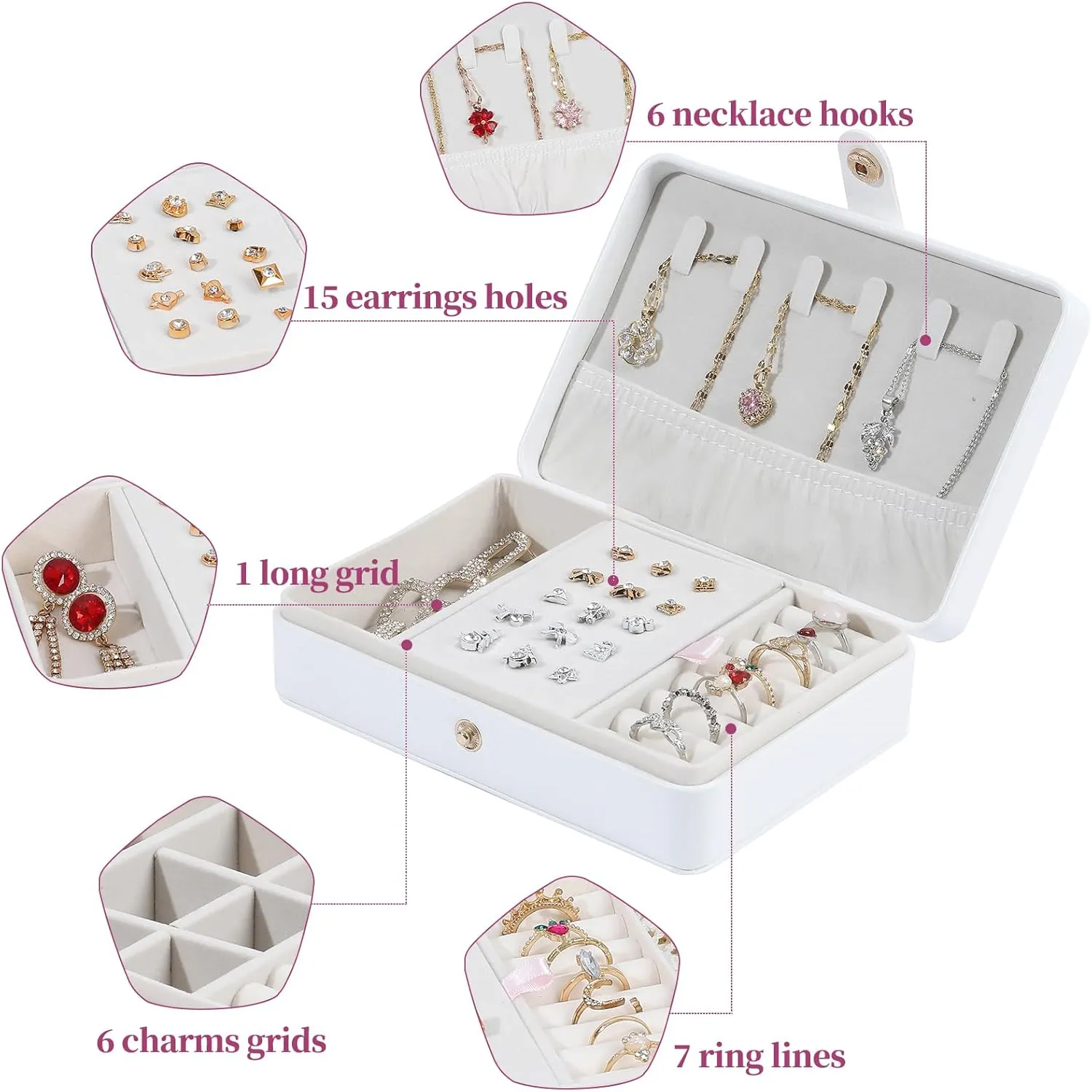 Portable Jewelry Box, 2 Layer Small Travel Jewelry Box for Women and Girls, Mini Leather Jewelry Organizer for Necklaces, Bracelet, Earrings and Rings Gift for Her (white)
