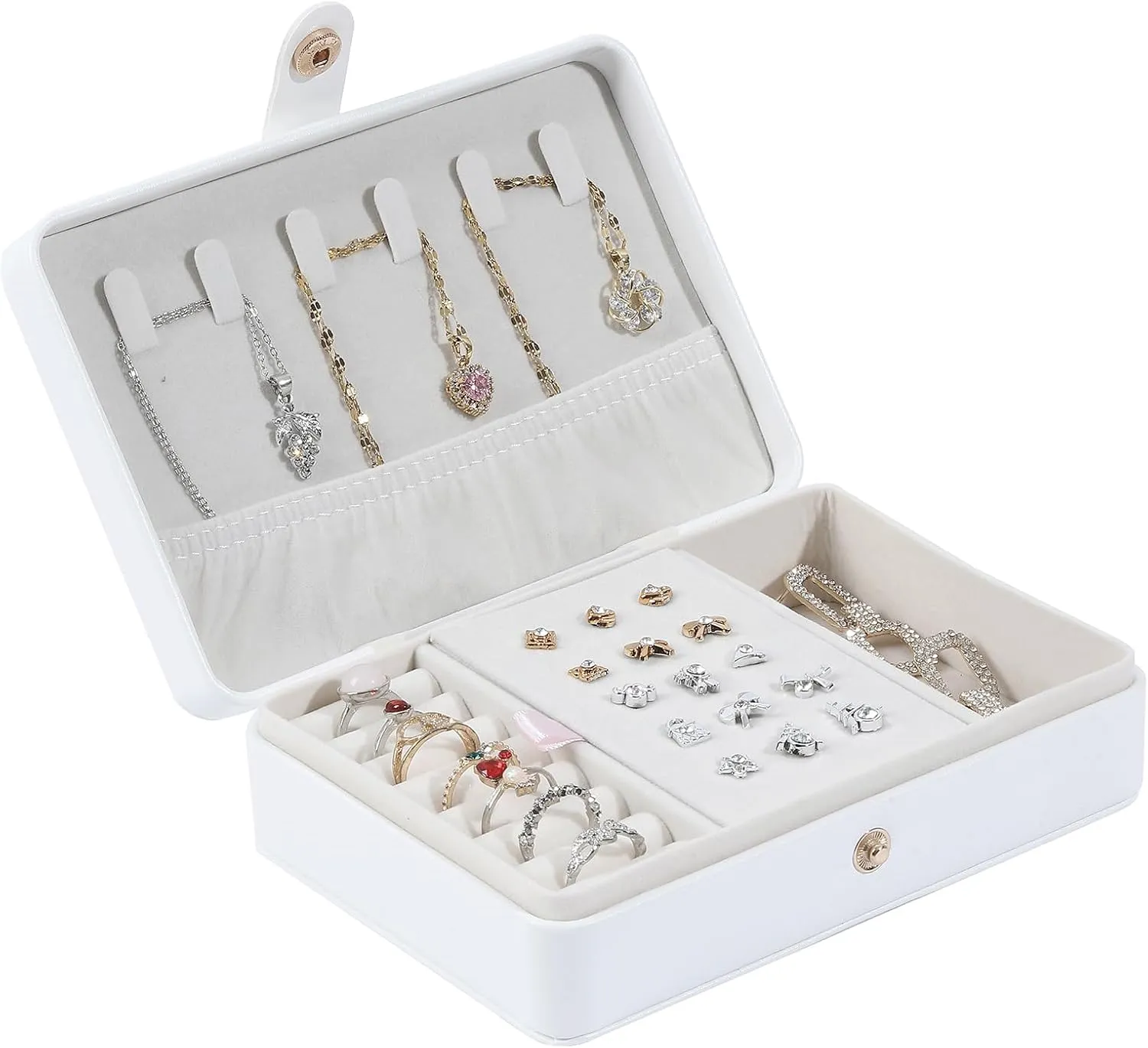 Portable Jewelry Box, 2 Layer Small Travel Jewelry Box for Women and Girls, Mini Leather Jewelry Organizer for Necklaces, Bracelet, Earrings and Rings Gift for Her (white)