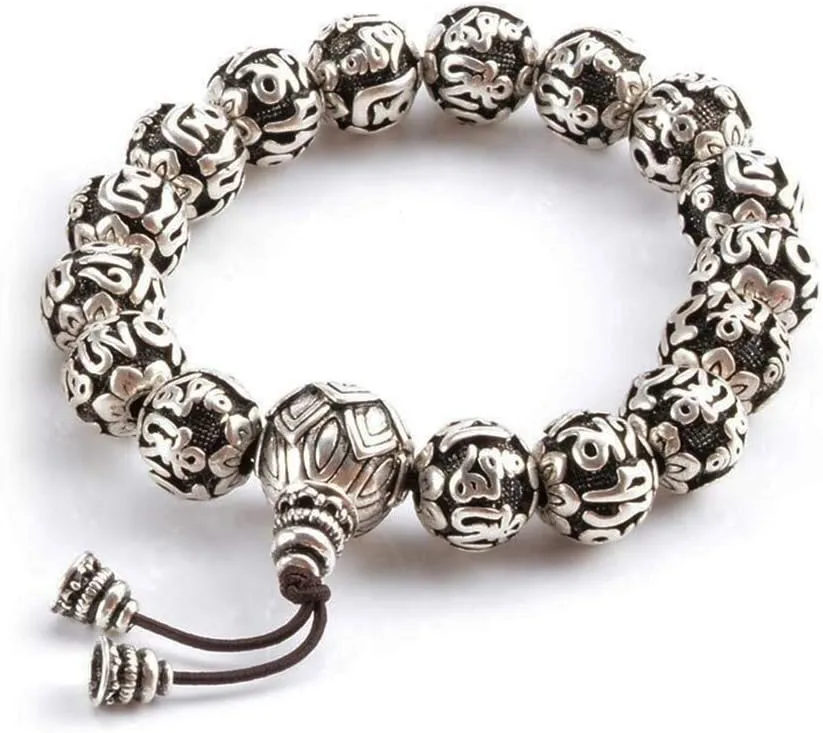 Prayer Beads Bracelet Rope Silver Plated Vintage Tibetan Buddhism Brass Yoga Charm Six Words Mantras Sculpture for Men Women
