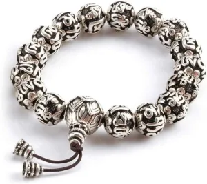 Prayer Beads Bracelet Rope Silver Plated Vintage Tibetan Buddhism Brass Yoga Charm Six Words Mantras Sculpture for Men Women