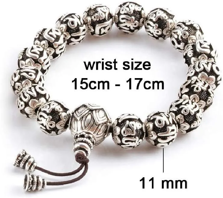 Prayer Beads Bracelet Rope Silver Plated Vintage Tibetan Buddhism Brass Yoga Charm Six Words Mantras Sculpture for Men Women