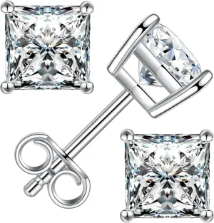 Princess Cut Moissanite Stud Earrings for Women Men, 18K White Gold Plated S925 Sterling Silver D Color VVS1 Clarity 0.3ct-3ct Lab Created Moissanite Earrings Promise Birthday Christmas Gift