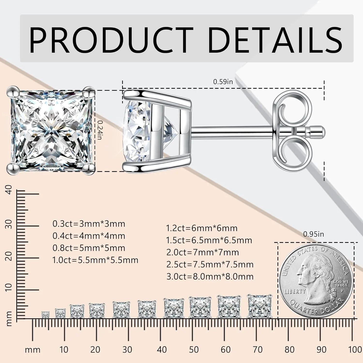 Princess Cut Moissanite Stud Earrings for Women Men, 18K White Gold Plated S925 Sterling Silver D Color VVS1 Clarity 0.3ct-3ct Lab Created Moissanite Earrings Promise Birthday Christmas Gift
