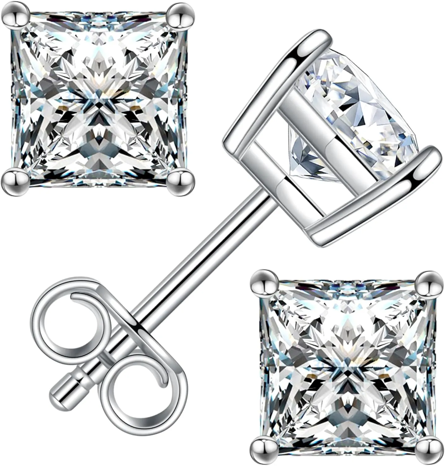 Princess Cut Moissanite Stud Earrings for Women Men, 18K White Gold Plated S925 Sterling Silver D Color VVS1 Clarity 0.3ct-3ct Lab Created Moissanite Earrings Promise Birthday Christmas Gift