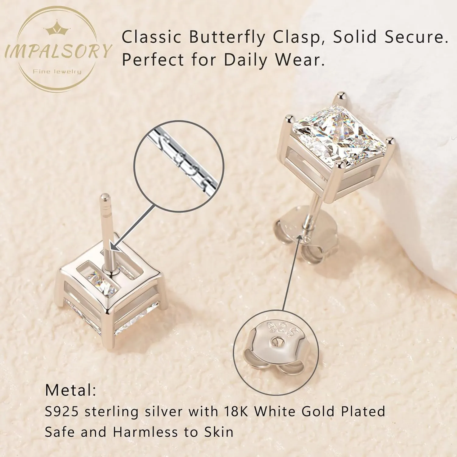 Princess Cut Moissanite Stud Earrings for Women Men, 18K White Gold Plated S925 Sterling Silver D Color VVS1 Clarity 0.3ct-3ct Lab Created Moissanite Earrings Promise Birthday Christmas Gift