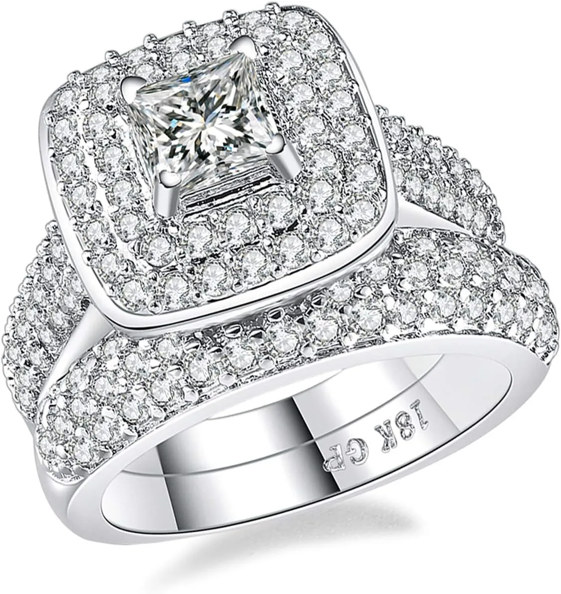 Princess Wedding Rings for Women Engagement Band Bridal Set 18k White Gold Plated Square 1.8Ct Cz Size 5-10