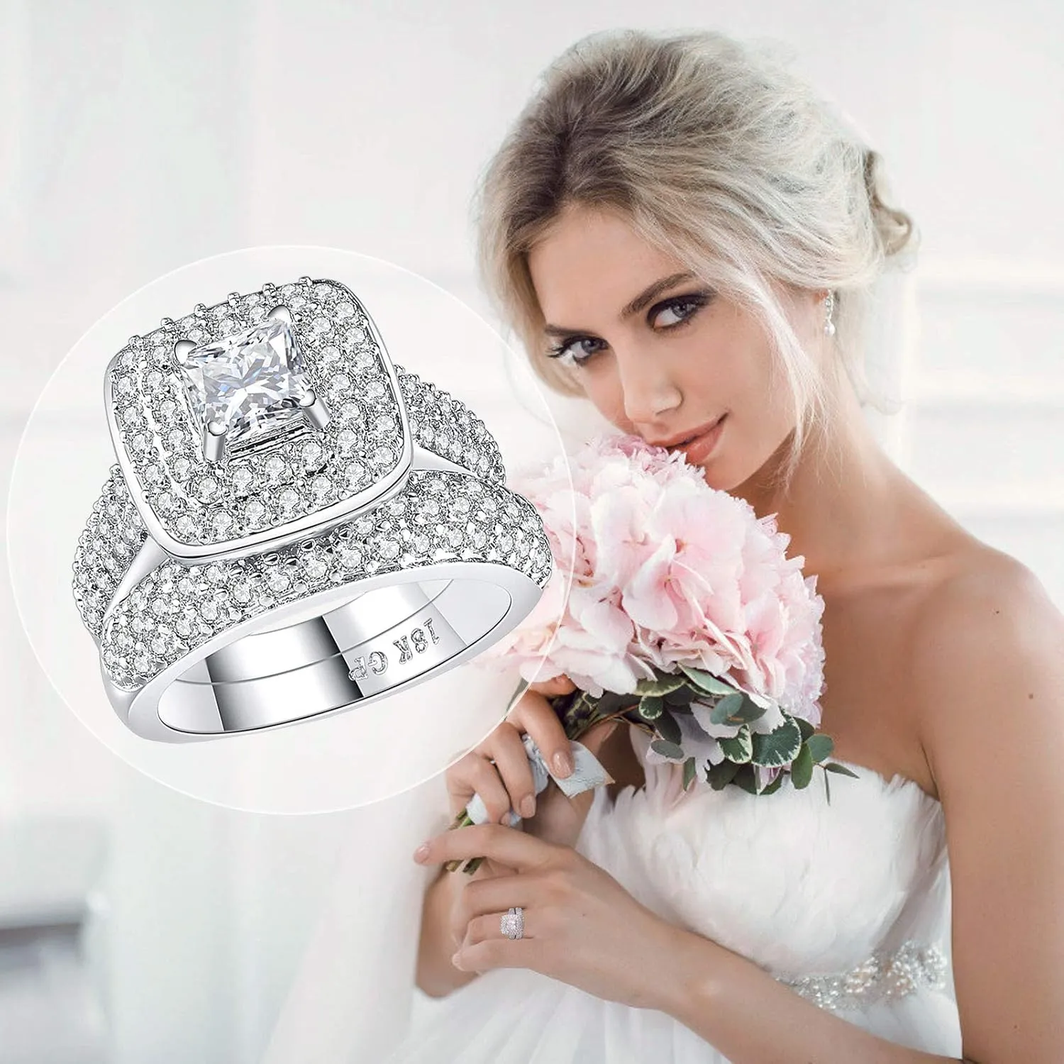 Princess Wedding Rings for Women Engagement Band Bridal Set 18k White Gold Plated Square 1.8Ct Cz Size 5-10