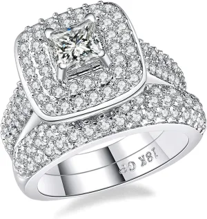 Princess Wedding Rings for Women Engagement Band Bridal Set 18k White Gold Plated Square 1.8Ct Cz Size 5-10