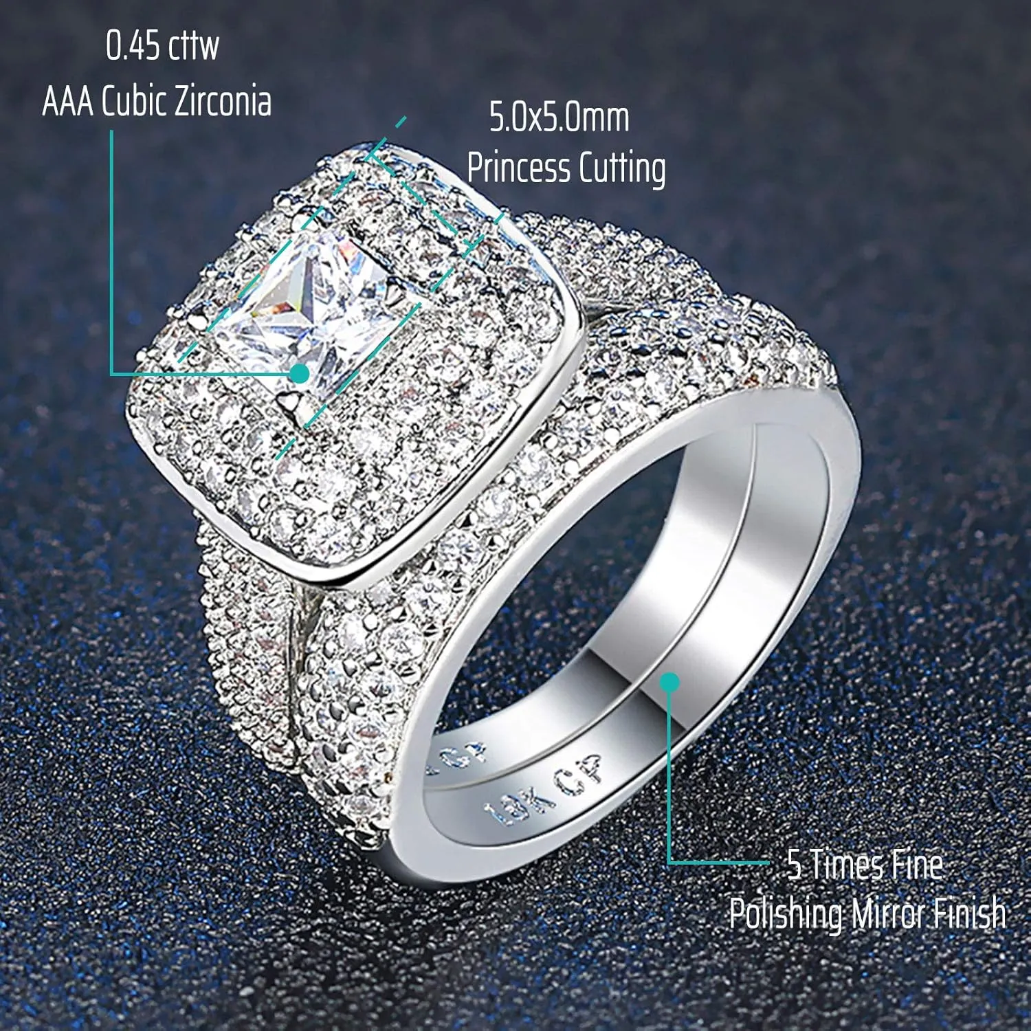Princess Wedding Rings for Women Engagement Band Bridal Set 18k White Gold Plated Square 1.8Ct Cz Size 5-10