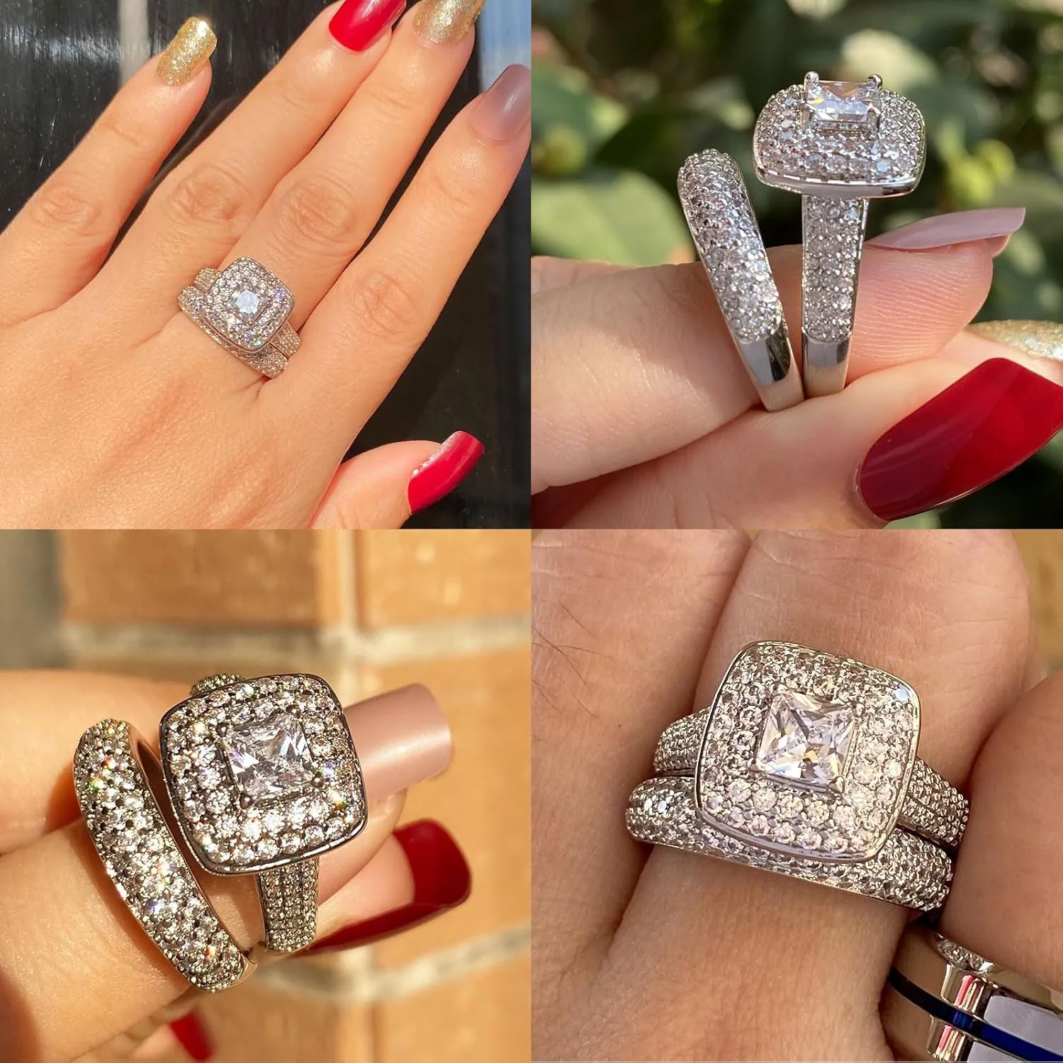 Princess Wedding Rings for Women Engagement Band Bridal Set 18k White Gold Plated Square 1.8Ct Cz Size 5-10
