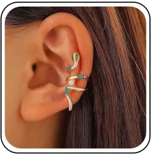 Punk CZ Emerald Snake Wrap Cuff Earrings Green Crystal Pearl Serpent Earring Climber Cartilage Ear Clip Gold Animal Snake Non Pierced Earrings Jewelry for Women