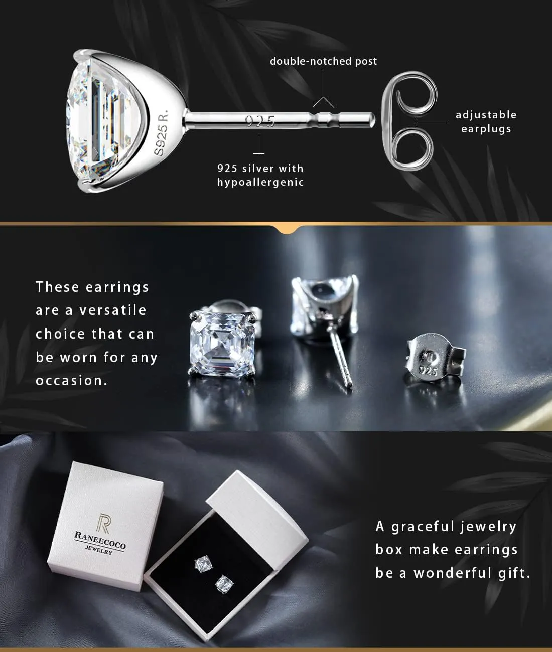 "STUNNING FLAME "18K Gold Plated Sterling Silver Asscher Cut Cubic Zirconia Stud Earrings for Women
