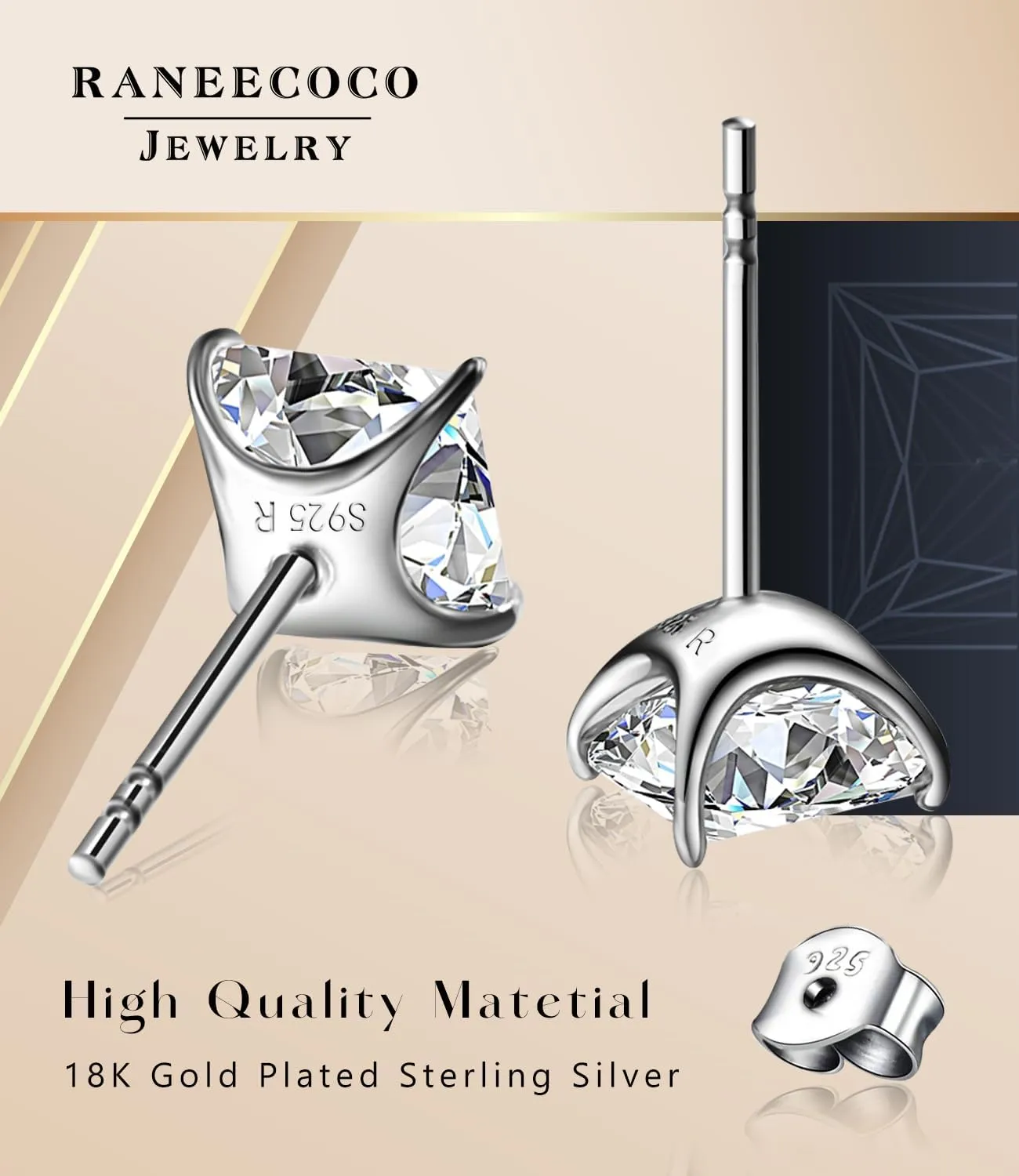 "STUNNING FLAME "18K Gold Plated Sterling Silver Princess Cut Cubic Zirconia Stud Earrings for men women