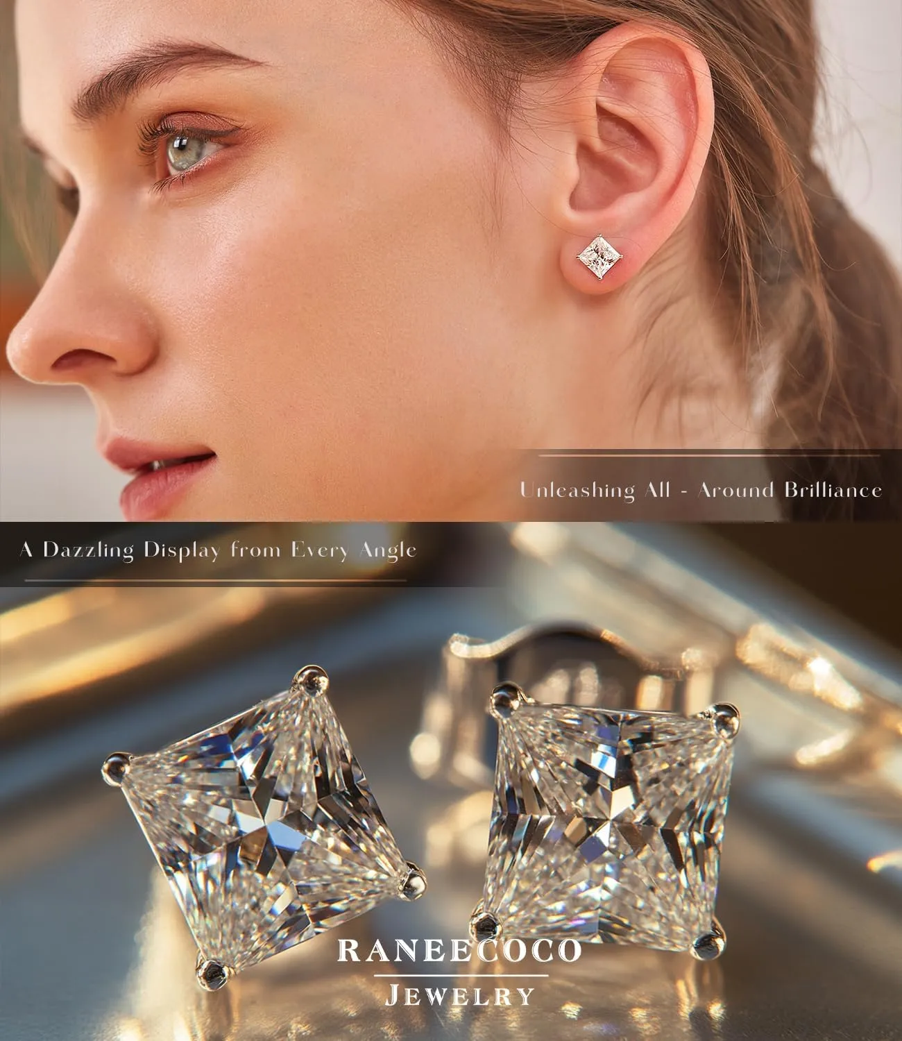 "STUNNING FLAME "18K Gold Plated Sterling Silver Princess Cut Cubic Zirconia Stud Earrings for men women