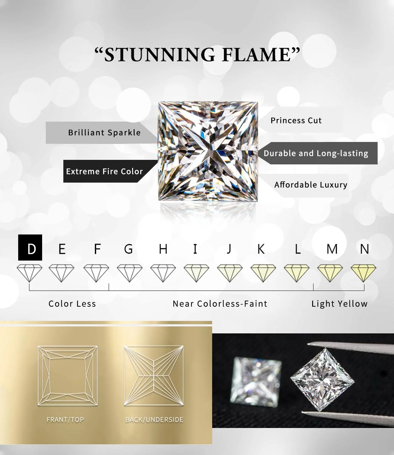 "STUNNING FLAME "18K Gold Plated Sterling Silver Princess Cut Cubic Zirconia Stud Earrings for men women