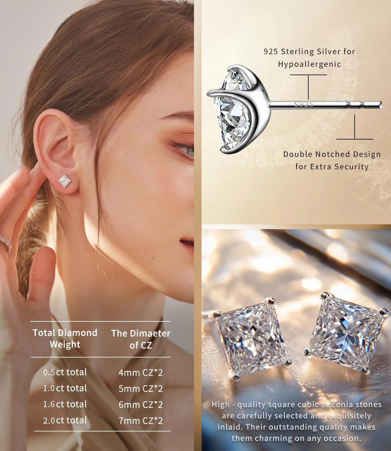 "STUNNING FLAME "18K Gold Plated Sterling Silver Princess Cut Cubic Zirconia Stud Earrings for men women