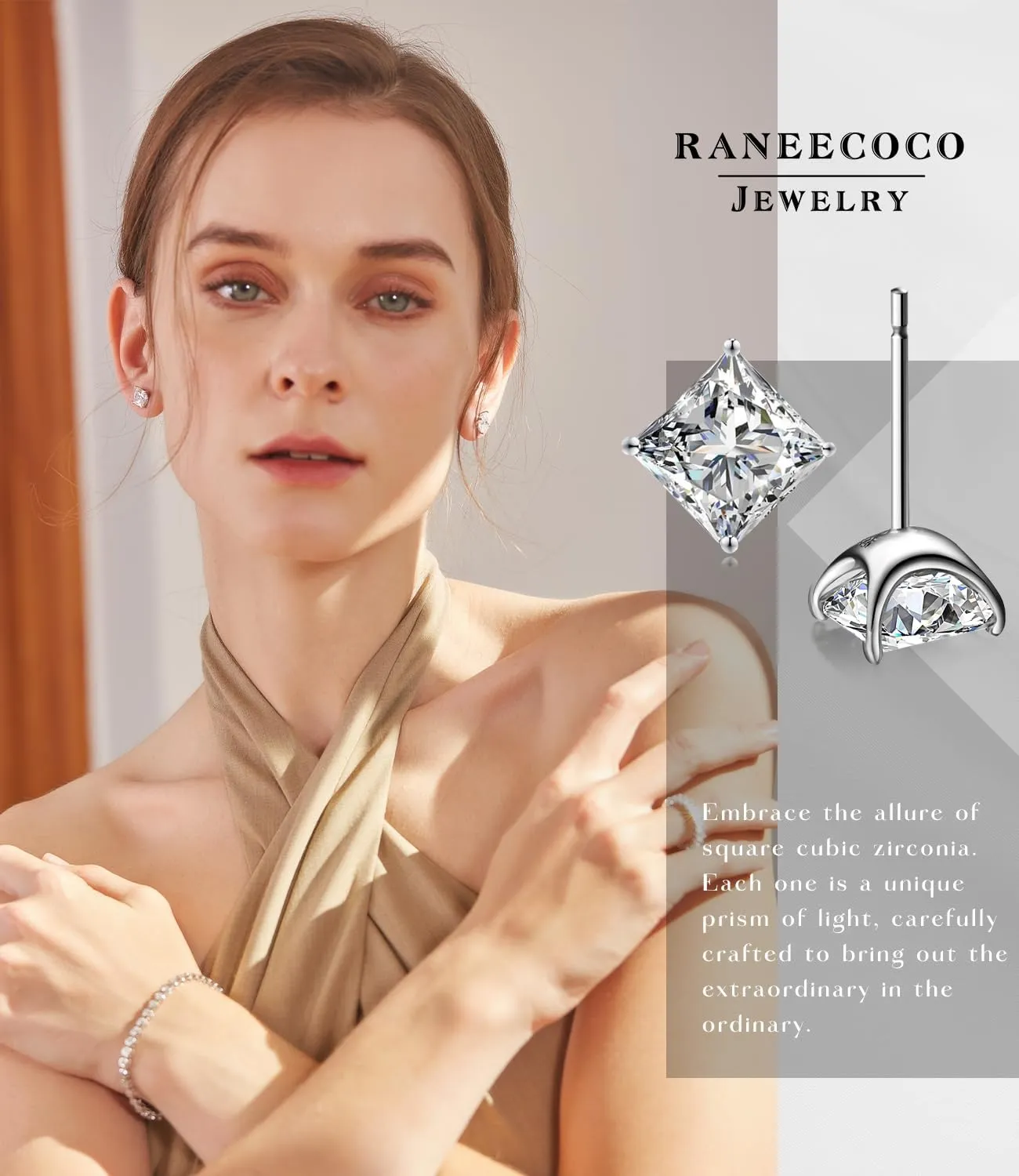 "STUNNING FLAME "18K Gold Plated Sterling Silver Princess Cut Cubic Zirconia Stud Earrings for men women