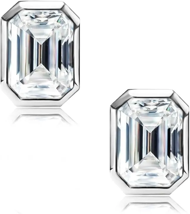 Raneecoco 4.0ct Total Emerald Cut Cubic Zirconia CZ Earrings Stud / 18K Gold Plated Sterling Silver