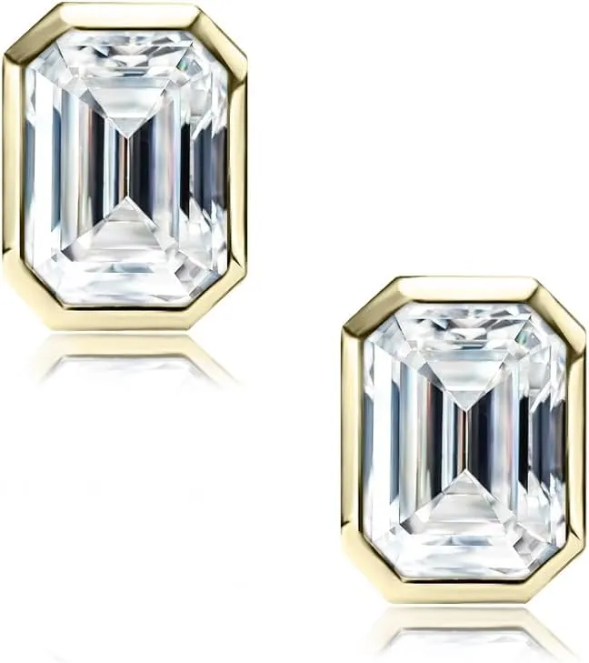 Raneecoco 4.0ct Total Emerald Cut Cubic Zirconia CZ Earrings Stud / 18K Gold Plated Sterling Silver