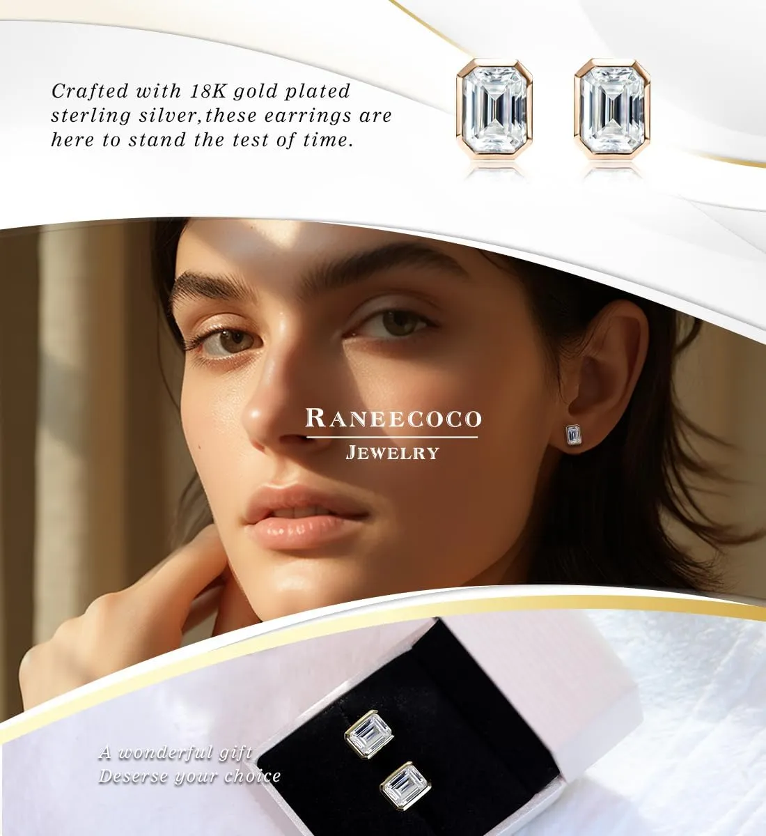Raneecoco 4.0ct Total Emerald Cut Cubic Zirconia CZ Earrings Stud / 18K Gold Plated Sterling Silver