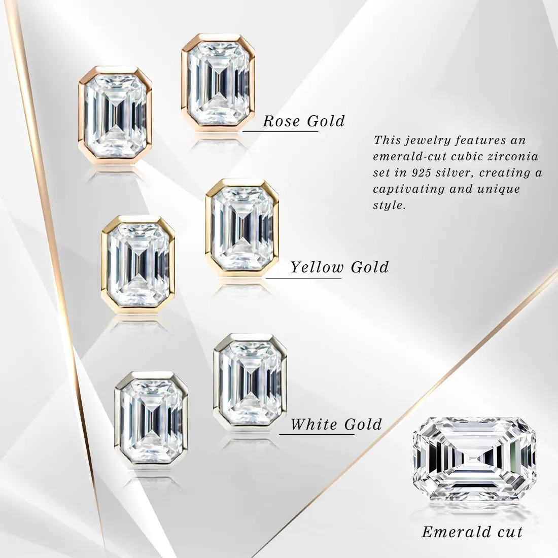 Raneecoco 4.0ct Total Emerald Cut Cubic Zirconia CZ Earrings Stud / 18K Gold Plated Sterling Silver