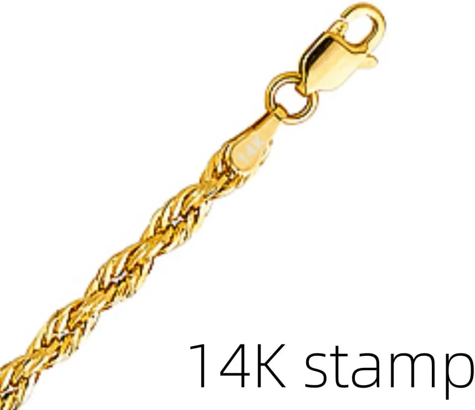 Real 14k Solid Yellow Gold Rope Chain Necklace with Lobster Claw Clasp, Jewery Gift for Her Him, Thickness 1.55-3.05 mm, Length 16-24 inch