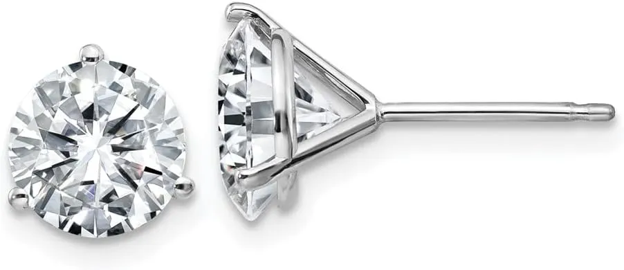 Real 14k White Gold 2.50ct. 7mm Round Colorless Moissanite 3-Prong Martini Post Studs Earrings 7mm