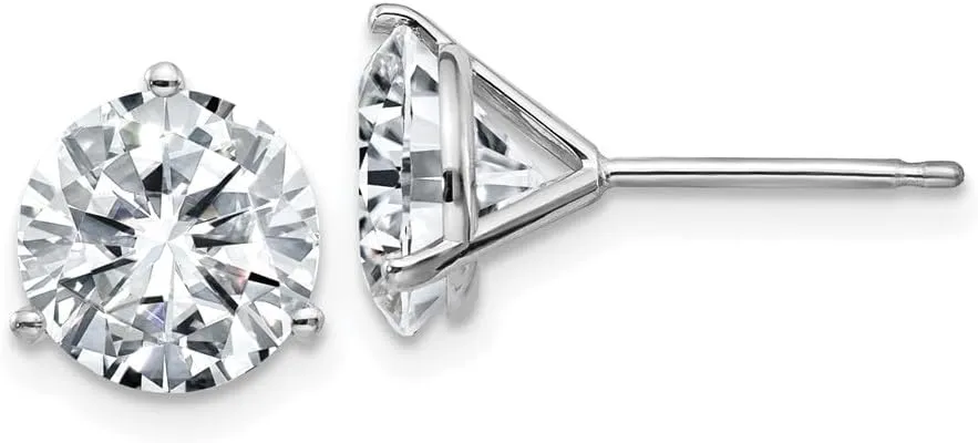Real 14k White Gold 4.00ct. 8mm Round Colorless Moissanite 3-Prong Martini Post Studs Earrings 8mm