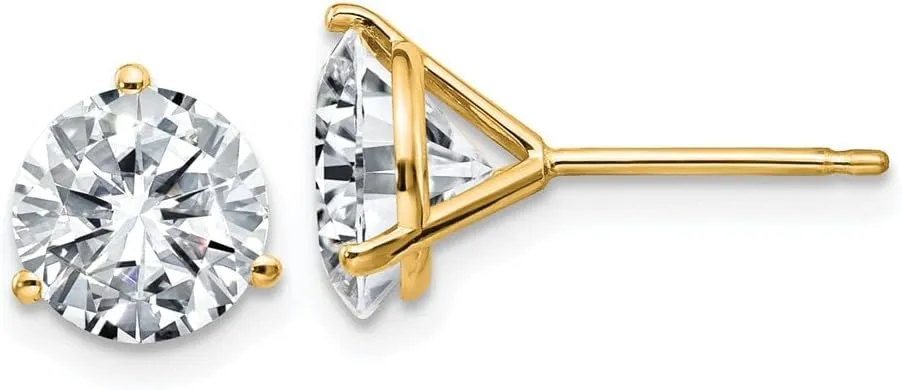 Real 14k Yellow Gold 2.50ct. 7mm Round Colorless Moissanite 3-Prong Martini Post Studs Earrings 7mm