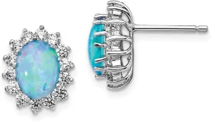 Real 925 Sterling Silver CZ Cubic Zirconia and Created Blue Opal Post Studs Earrings - 12mm x 10mm