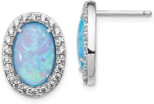 Real 925 Sterling Silver CZ Cubic Zirconia and Created Blue Opal Post Studs Earrings - 16mm x 11mm