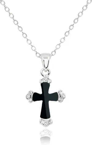 Real Stone Cross Necklace for Women  Natural Black Onyx Cross Pendant  White Gold Silver Plated Stainless Steel Vintage Gothic Jewelry Christmas Gifts [CXN-BK-S]