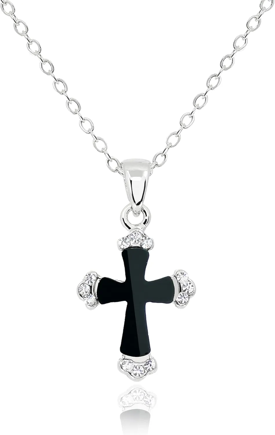Real Stone Cross Necklace for Women  Natural Black Onyx Cross Pendant  White Gold Silver Plated Stainless Steel Vintage Gothic Jewelry Christmas Gifts [CXN-BK-S]