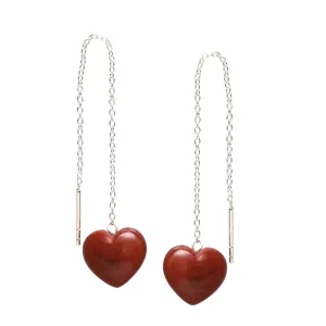 Red Heart Earrings Red Jasper Earring Threader Earrings, Dangling Long Chain Drop Earrings Heart Earrings for Girls Gift for Her 925 Silver Jewelry (Red jasper)