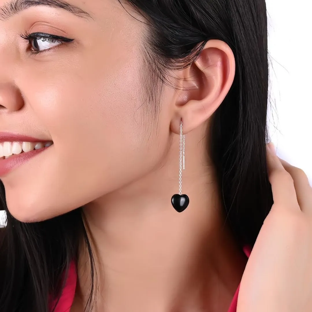 Red Heart Earrings Red Jasper Earring Threader Earrings, Dangling Long Chain Drop Earrings Heart Earrings for Girls Gift for Her 925 Silver Jewelry (Red jasper)