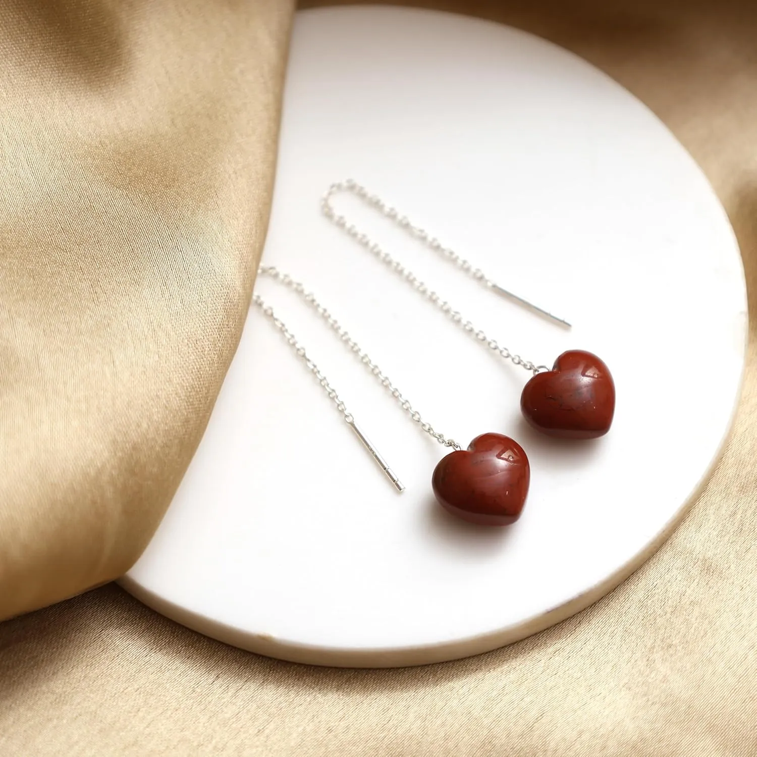 Red Heart Earrings Red Jasper Earring Threader Earrings, Dangling Long Chain Drop Earrings Heart Earrings for Girls Gift for Her 925 Silver Jewelry (Red jasper)