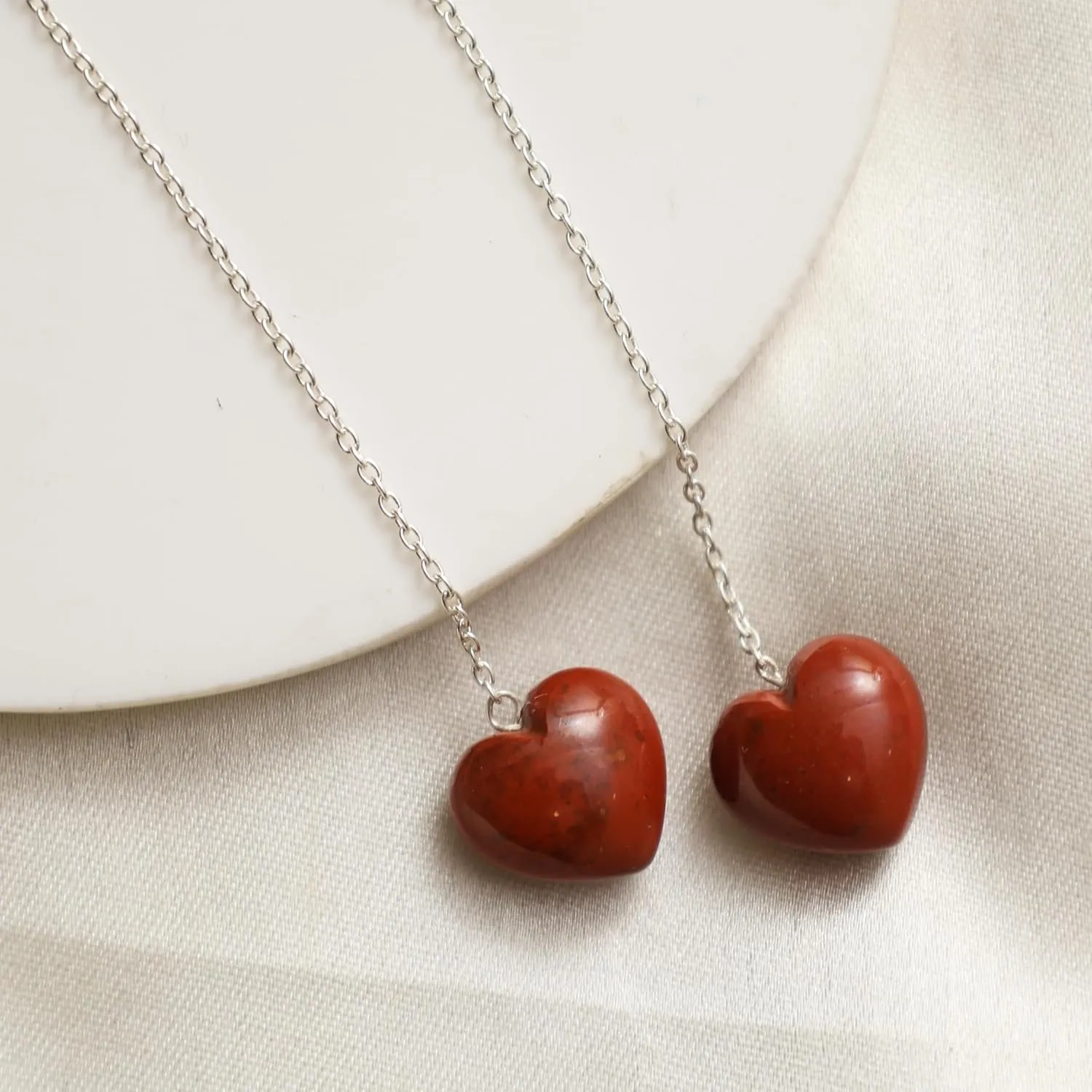Red Heart Earrings Red Jasper Earring Threader Earrings, Dangling Long Chain Drop Earrings Heart Earrings for Girls Gift for Her 925 Silver Jewelry (Red jasper)