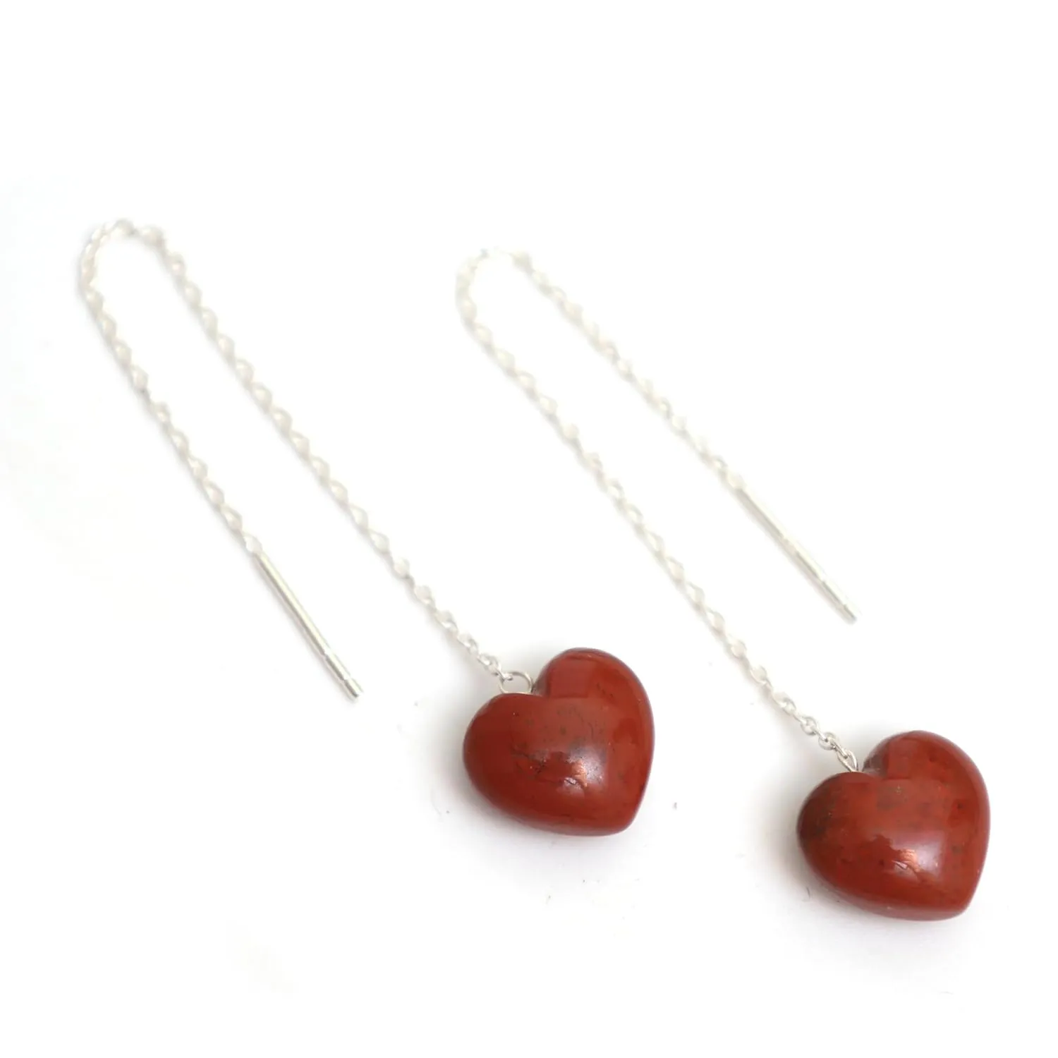 Red Heart Earrings Red Jasper Earring Threader Earrings, Dangling Long Chain Drop Earrings Heart Earrings for Girls Gift for Her 925 Silver Jewelry (Red jasper)