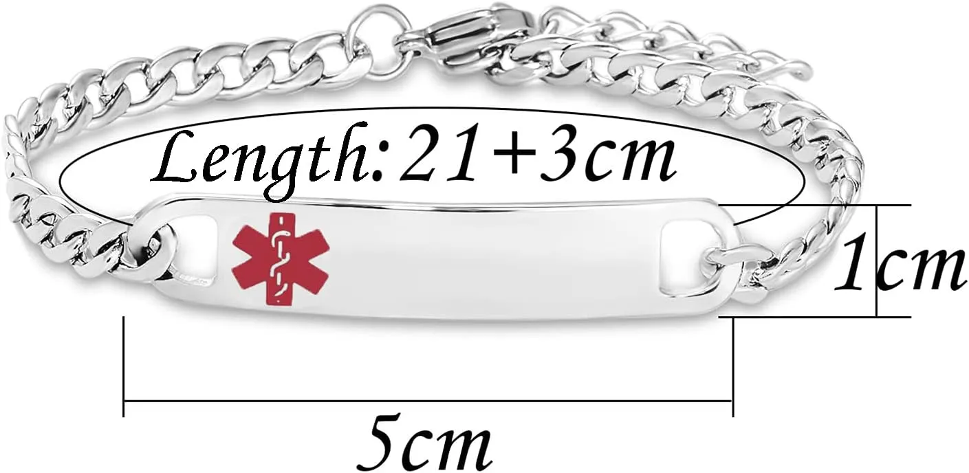 Red Medical Alert Bracelet for Women Men Emergency First Aid Health Alert Engraved Adjustable Stainless Steel Chain Bracelets
