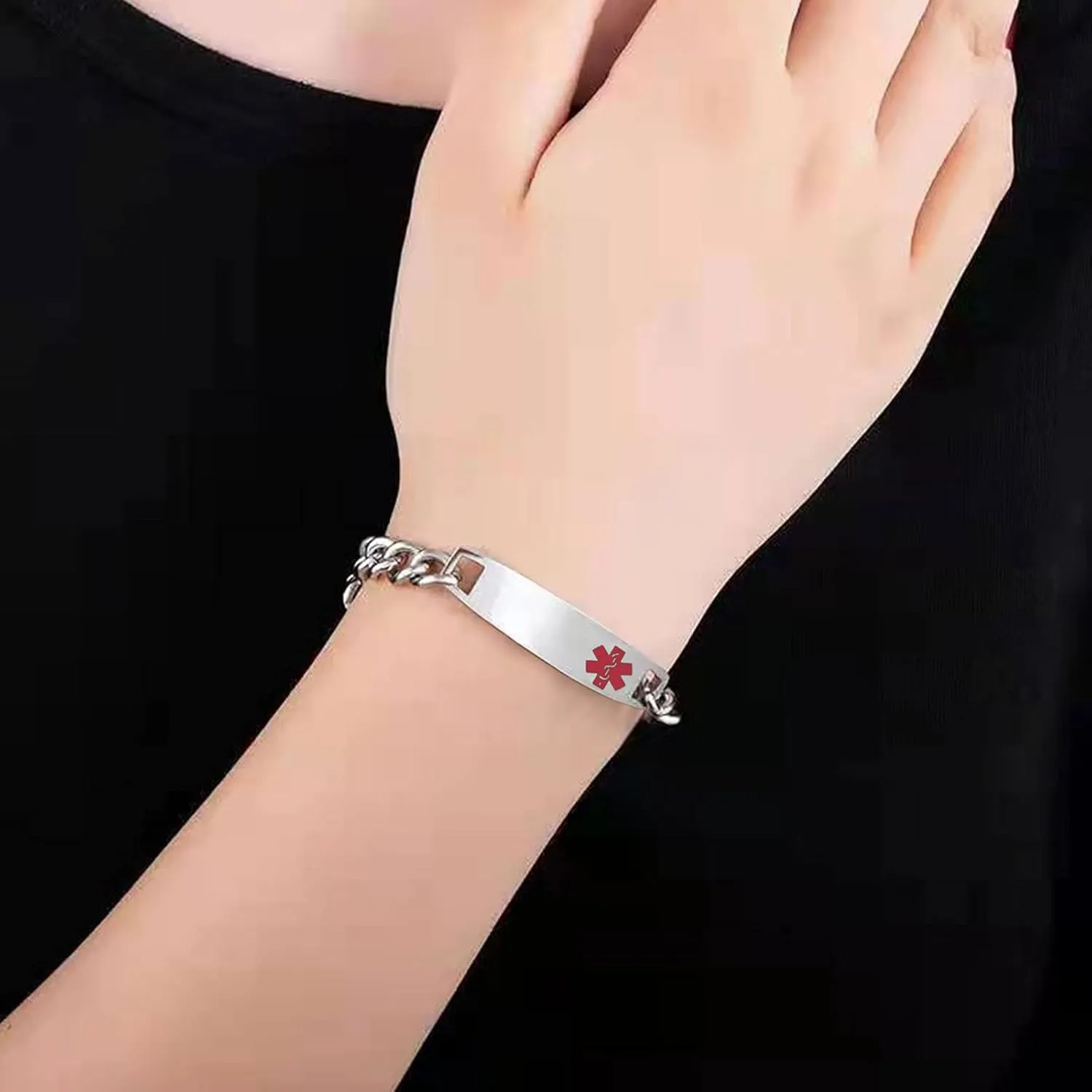 Red Medical Alert Bracelet for Women Men Emergency First Aid Health Alert Engraved Adjustable Stainless Steel Chain Bracelets