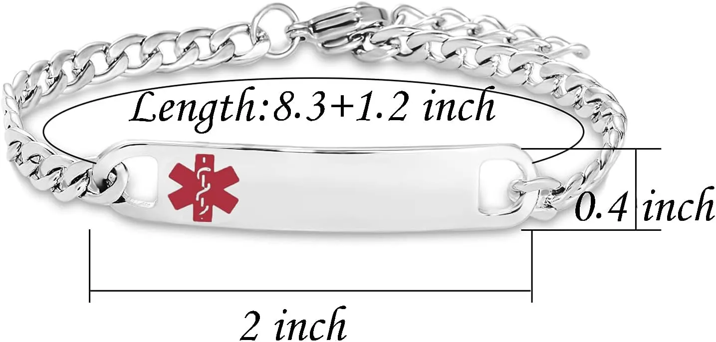 Red Medical Alert Bracelet for Women Men Emergency First Aid Health Alert Engraved Adjustable Stainless Steel Chain Bracelets