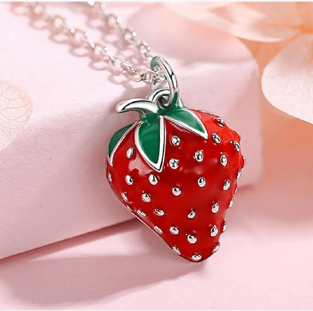 Red Strawberry Pendant S925 Sterling Silver Necklace for Women Cute Sweet Drops Oil Fresh Small Fruit Food Charm Friendship Adjustable Chain Choker Necklaces Birthday Christmas Jewelry Gift Daughter Wife BFF