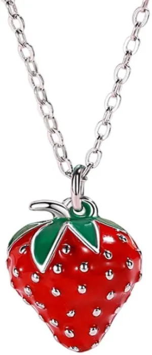 Red Strawberry Pendant S925 Sterling Silver Necklace for Women Cute Sweet Drops Oil Fresh Small Fruit Food Charm Friendship Adjustable Chain Choker Necklaces Birthday Christmas Jewelry Gift Daughter Wife BFF