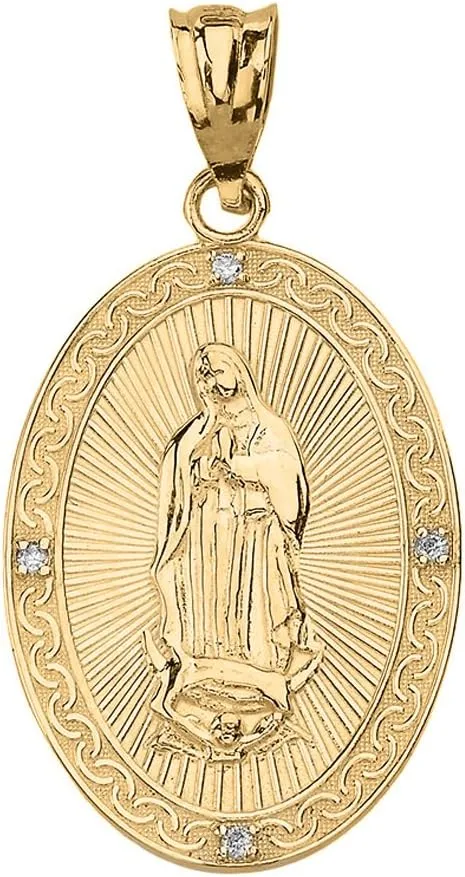 Religious Jewelry 10K Yellow Gold Diamond Accented Our Lady of Guadalupe 3/4 Oval Medal Pendant Necklace (G-H, SI1-SI2) - Choice of Length