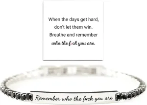 Remember Who The Fuck You Are Bracelet for Women, Crystal Diamond Tennis Bracelets Energy Bracelet Engraved Inspirational Little Words Holiday Christmas Gifts for Friend